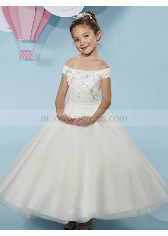 Off Shoulder Beaded Ivory Embroidery Lace Tulle Flower Girl Dress